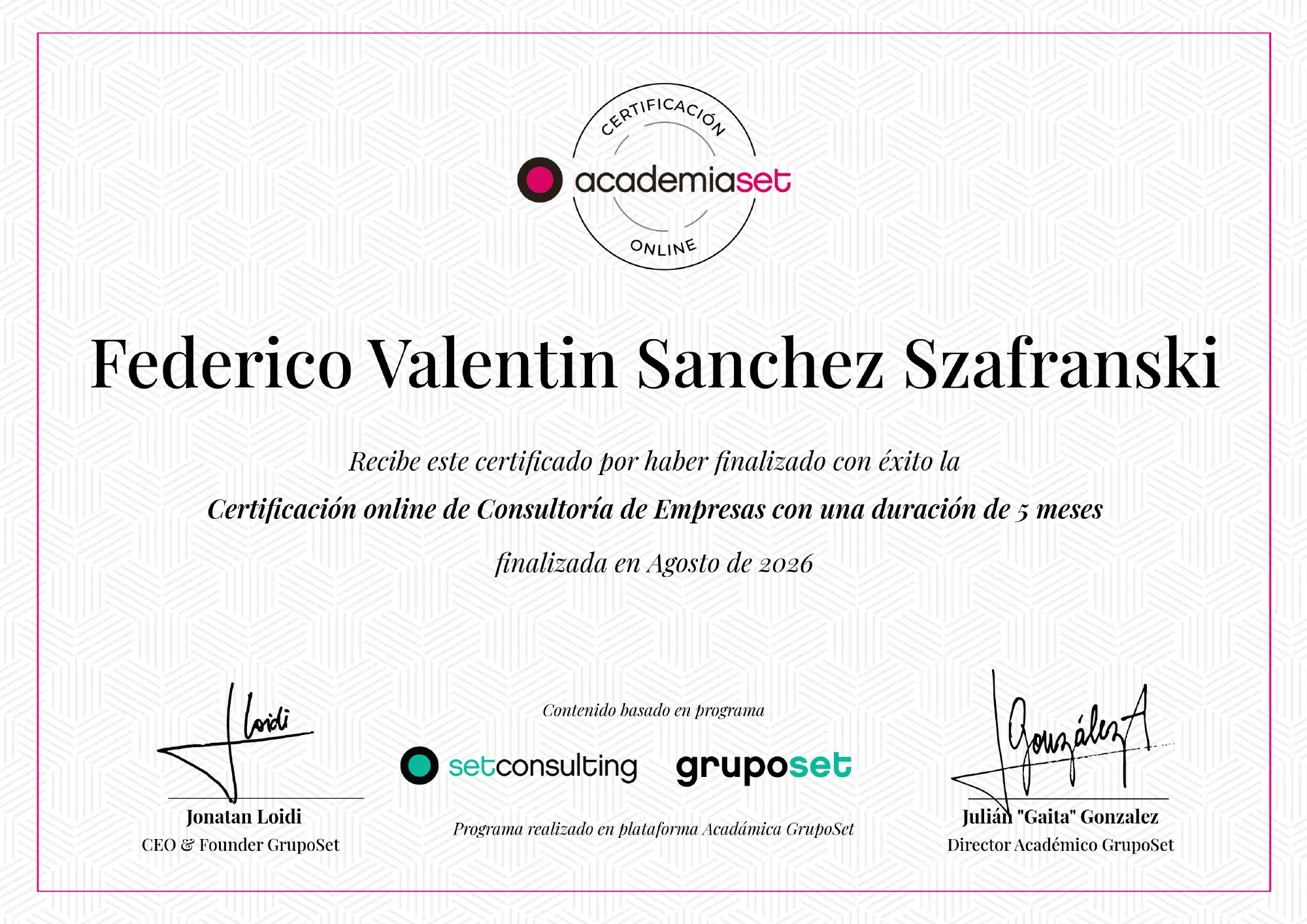 Certificado de Federico Sánchez en Consultoría de Empresas, emitido por AcademiaSet y GrupoSet